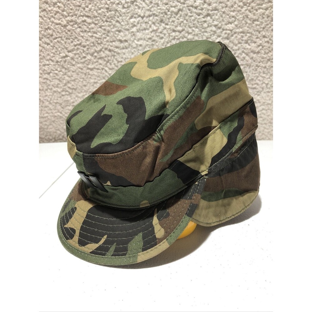 Vintage Army Military Woodland Camo Pattern Cap w/ Ear Flaps Hat Size 7 3/8